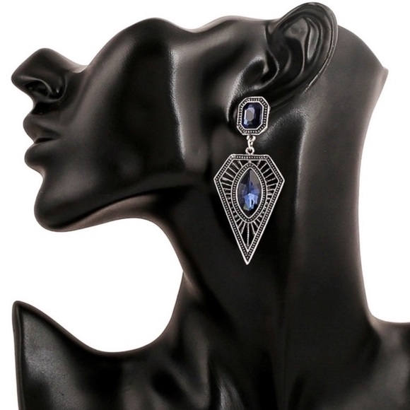 Vintage Silver Blue Gem Dangle Stud Earrings - Picture 7 of 8